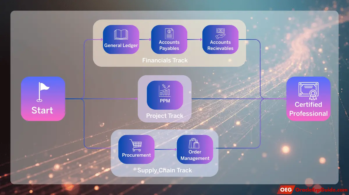 Visual diagram showing certification paths for Finance, PPM, and SCM career tracks