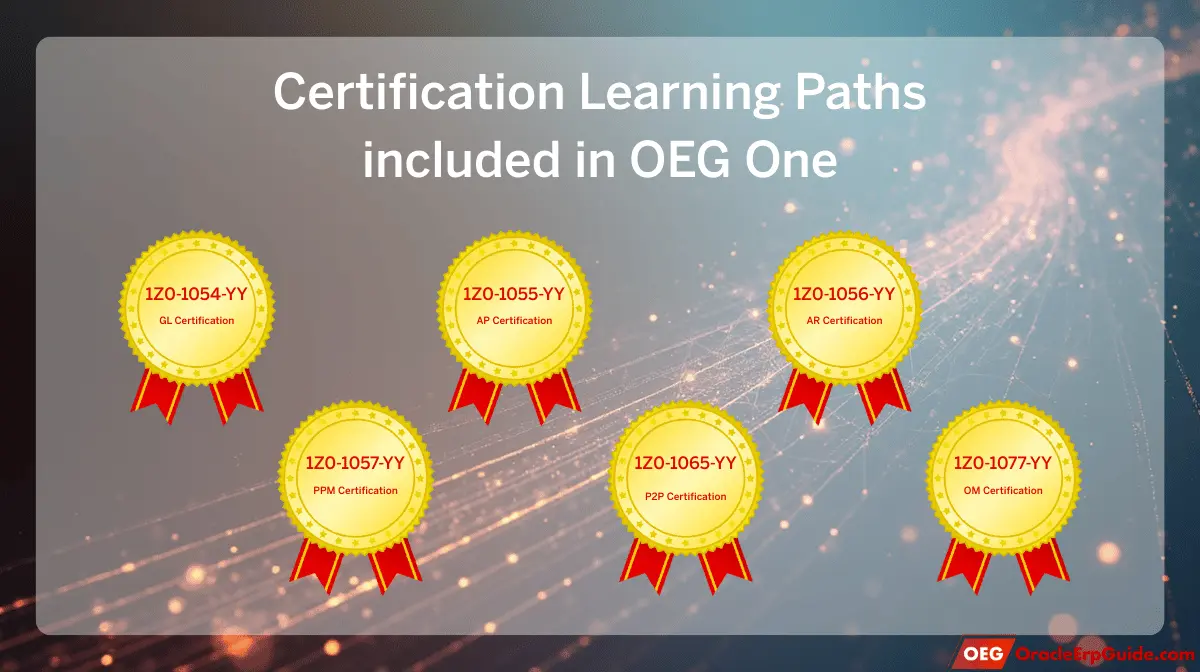 OEG certification learning path cards showing GL, AP, AR, PPM, SCM Procurement, and SCM Order Management